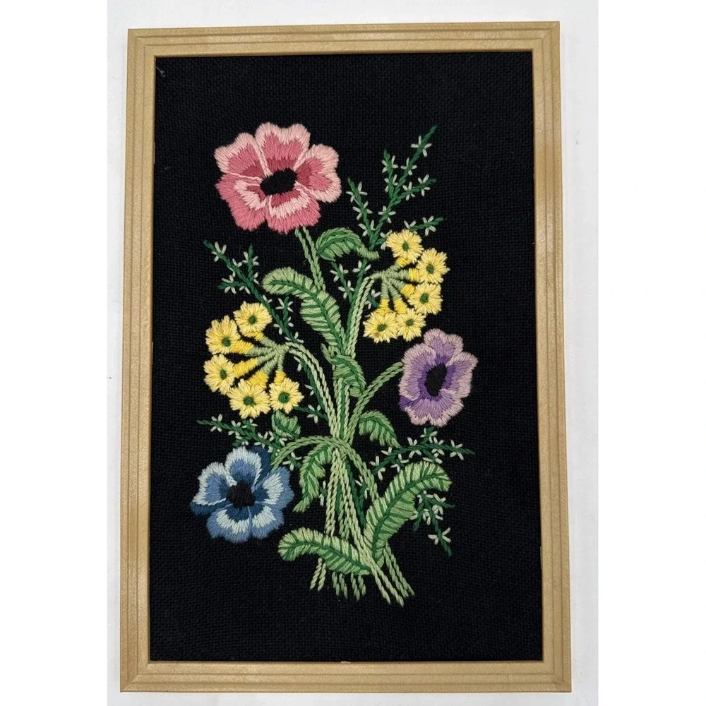 Vtg Flower Embroidered Picture Poppy Wall Art Framed Hand Made Cottagecore Boho
